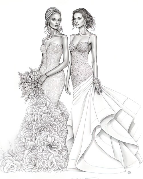 a sketch of a bride and her bride