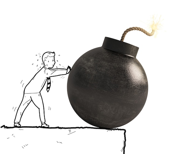 Sketch of businessman pushes a big bomb