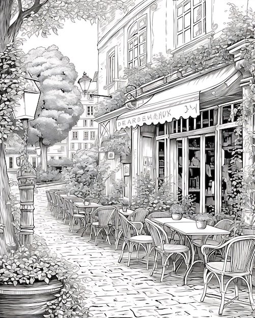 Photo sketch of a cafe area in paris