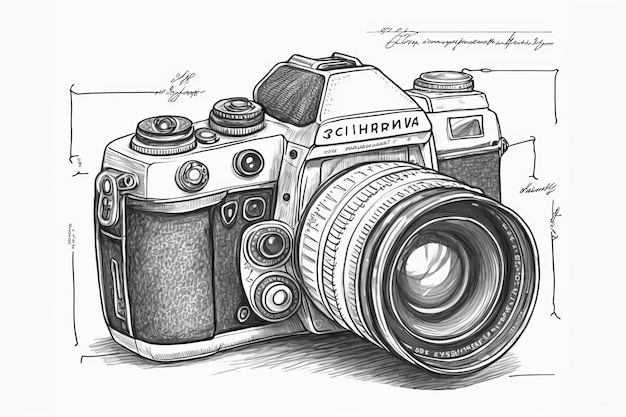 A sketch of a camera with the word camera on it