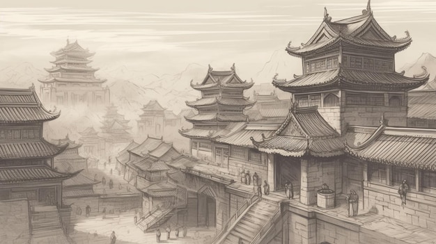 A sketch of a chinese city with a bridge and a bridge.