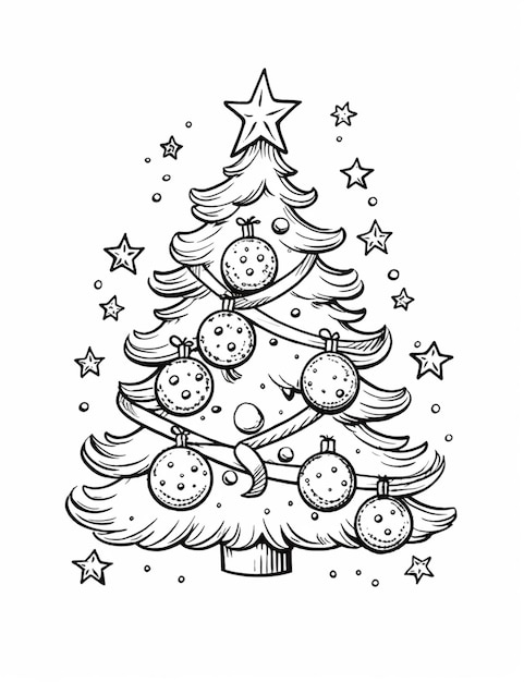 A sketch of a christmas tree with balls and stars