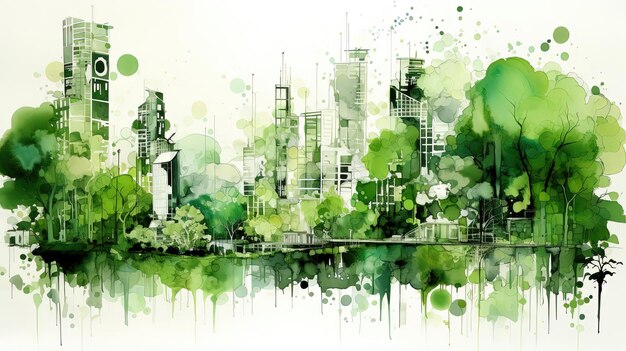 Photo a sketch of a city and urban area in green trees in the style of bold structural designs