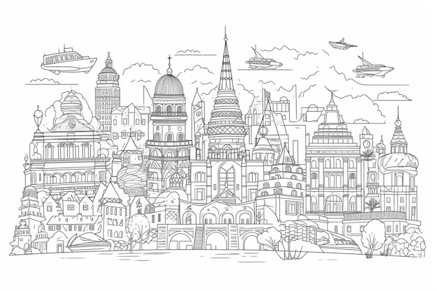 A sketch of a city with a lot of buildings.