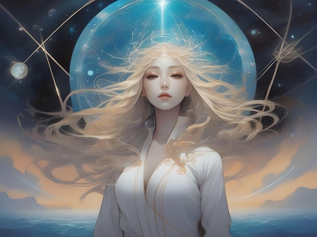 Sketch of Conceptual Asian Lady with Blonde Hair and Dress with Magical Background in The Night Sky