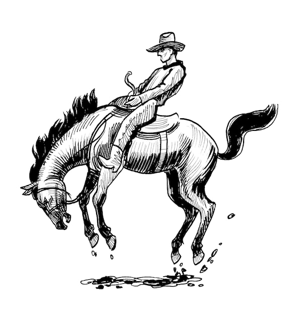 A sketch of a cowboy riding a horse with a sticker on his face.