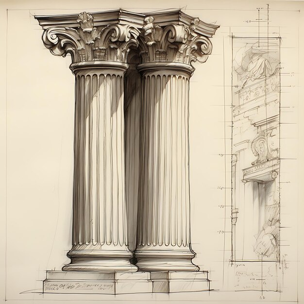 스케치 코린토스 기둥 의 예비 스케치 를 만들고 그리스 문 을 손 으로 그린 것 을 묘사 한다