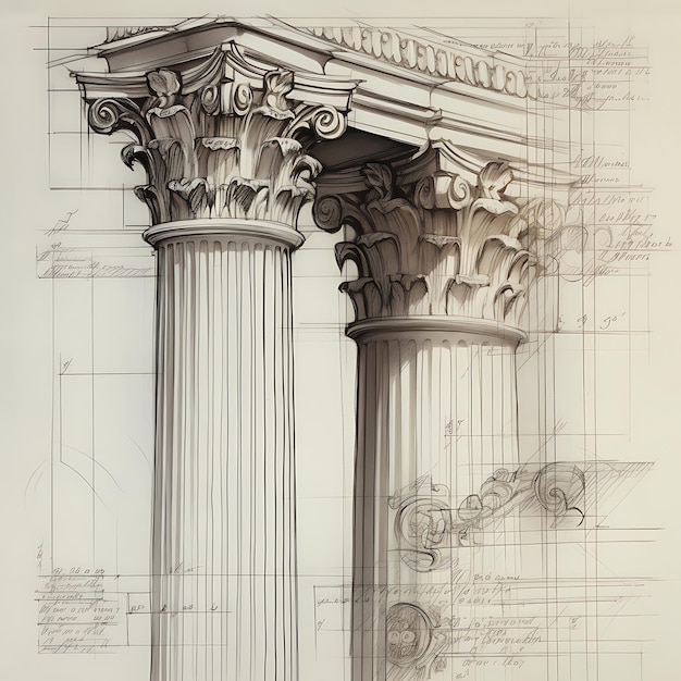 Скетч Создать предварительный эскиз коринфской колонны с изображением греческих ворот, нарисованных вручную