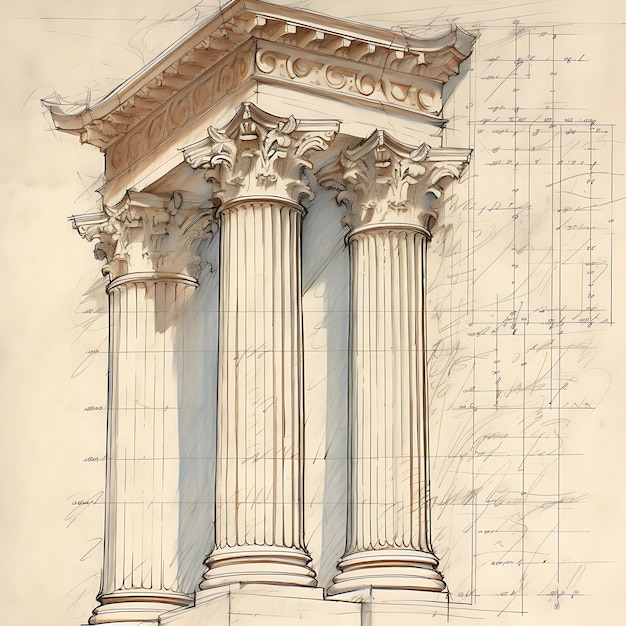 スケッチ コリントの柱の予備スケッチを作成 ギリシャの門を手描きで描いた