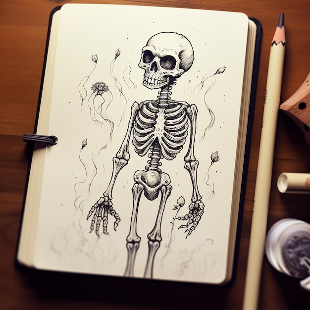 Photo sketch of creepy and cute skeleton