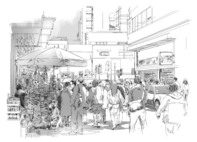 sketch of crowd of people in commercial and busy street