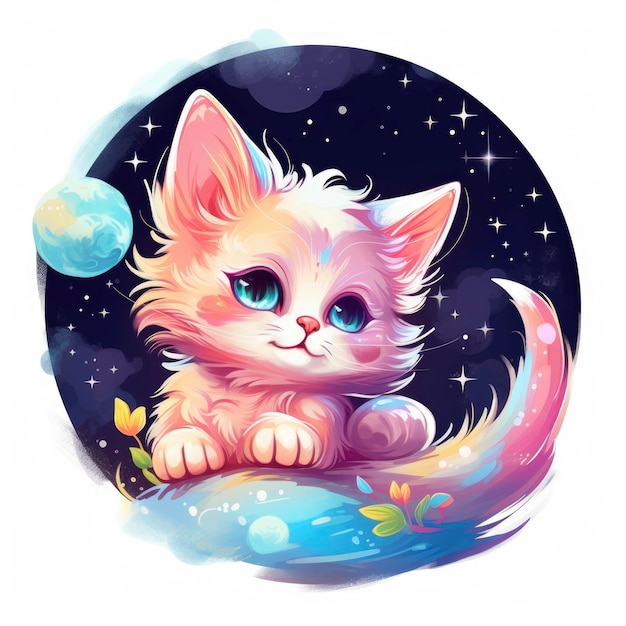 Sketch of a Cute Colorful Cat and Moon