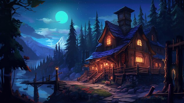 a sketch depicting a home in the middle of the forest at night