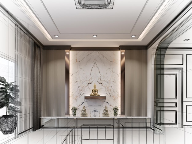 Sketch design of interior buddha room 3d rendering