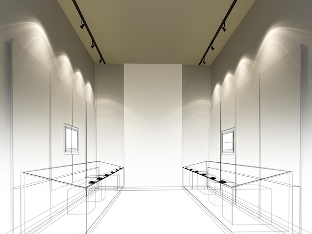 Sketch design of interior exhibition room museum 3d rendering