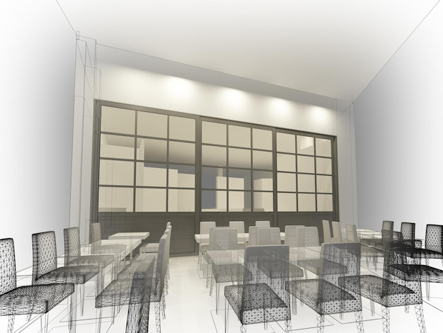 Sketch design of resturant 3d wire frame render