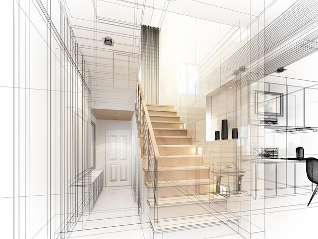 Photo sketch design of stair hall ,3dwire frame render