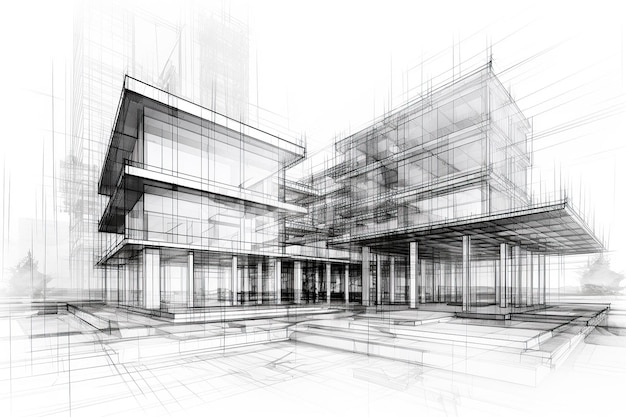 Sketch design of wireframe of building Digital project visualization