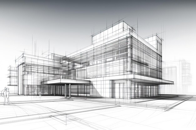 Sketch design of wireframe of building Digital project visualization