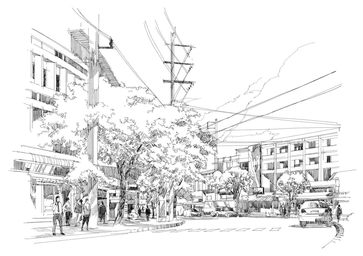 Photo sketch drawing of citystreet.illustration.