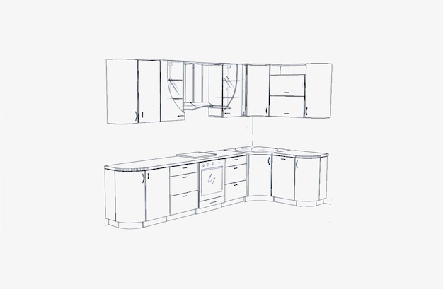 Sketch drawing of furniture for the kitchen with dimensions