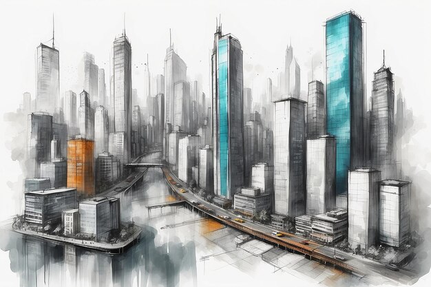 Sketch en real mix urban cityscape scene ontwikkeling en vastgoed bedrijfsconcept gemengde media