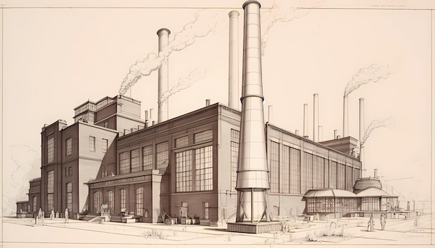 Sketch factory with towering smokestacks and bustling activity digital art illustration