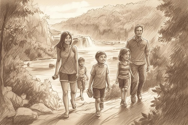 A sketch of a family walking along a river.