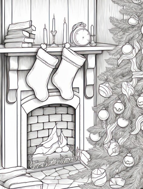 Photo sketch of a fireplace and christmas socks hand drawn illustration