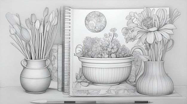 A sketch of a flower pot and a vase with flowers.