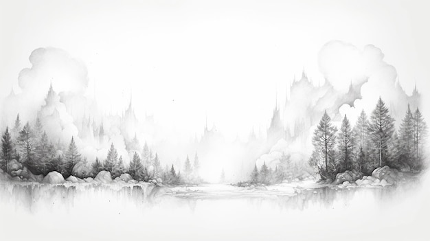 a sketch of a forest with trees in the background