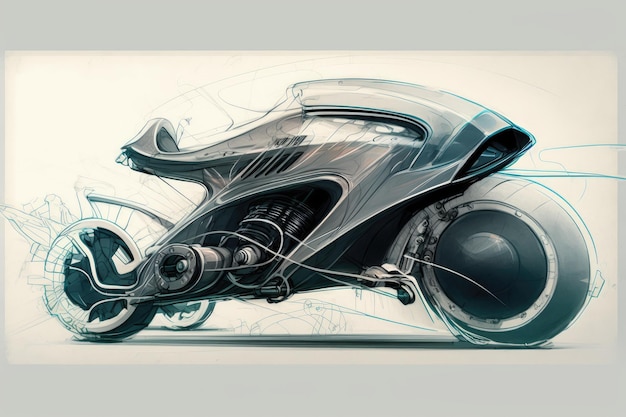 Sketch of futuristic motorcycle with sleek and aerodynamic design created with generative ai