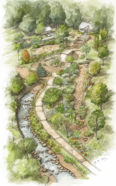 Photo a sketch of a garden with a river in the background.