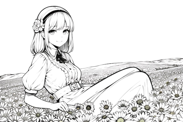 A sketch of a girl laying in a field of flowers.