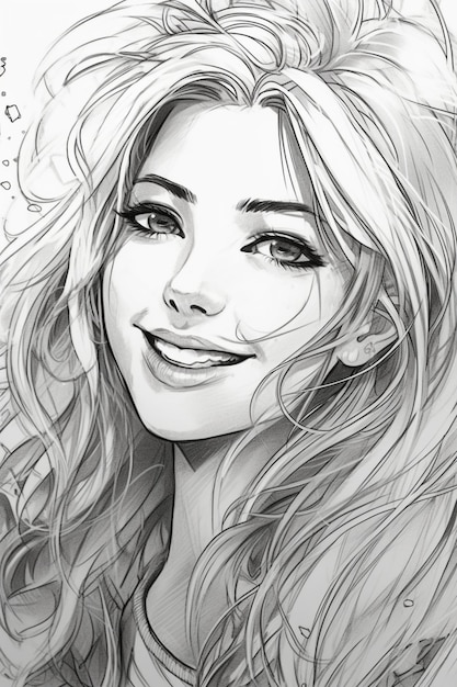 A sketch of a girl with long hair and a smile