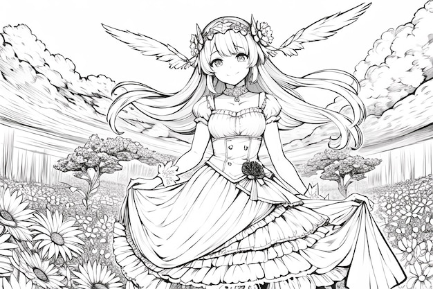 A sketch of a girl with wings and wings standing in a field of flowers.