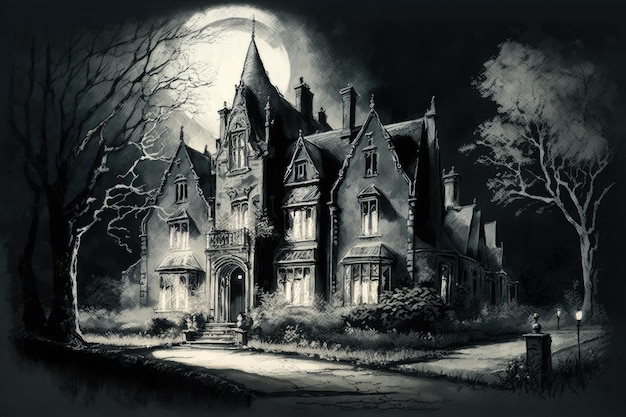 Sketch of gothic house in the moonlight with eerie shadows casting across its facade