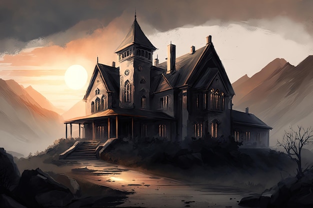 Sketch of a gothic house surrounded by misty mountains with the sun setting in the background