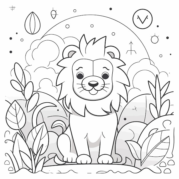 Photo sketch hand drawn single line art coloring page line drawing lion in jungle day