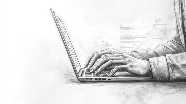 sketch of hands typing on a laptop with code on screen representing software development and programming concepts ideal for technology coding and it work themes