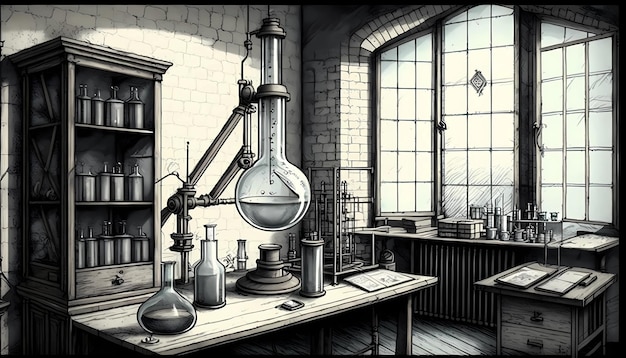 Sketch of historic science laboratory digital art illustration