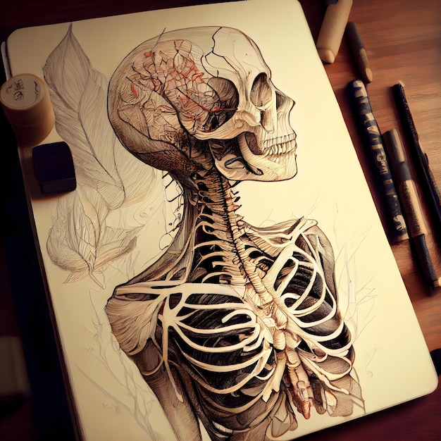 Sketch of human skeleton on the table with pencils