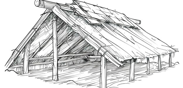 Photo a sketch of a hut with a roof and a small house in the background