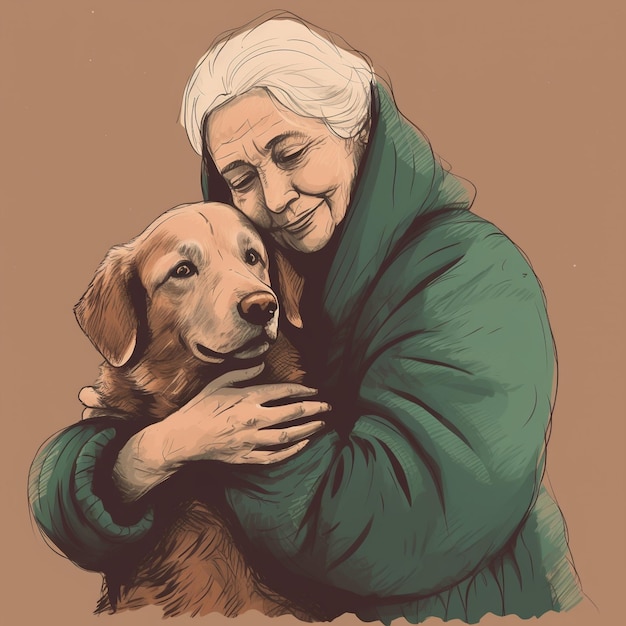 Sketch illustration of an elderly woman with her dog generative ai