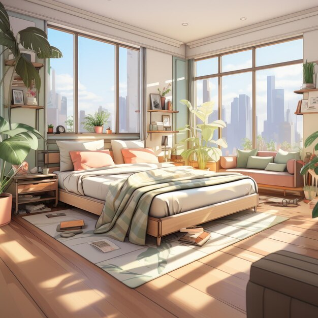 Sketch illustration stylish bedroom interior lots of room plants sophistication minimalism