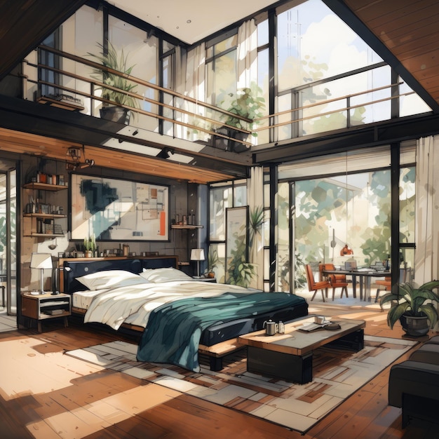 Sketch illustration stylish bedroom interior lots of room plants sophistication minimalism