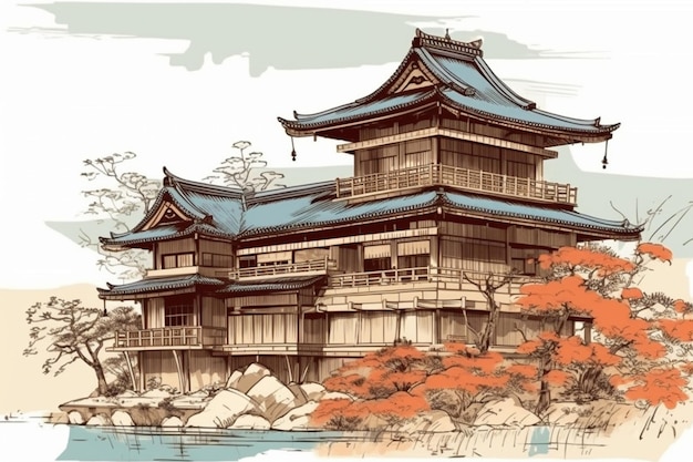 A sketch of a japanese building with a blue roof and a pond in the background.