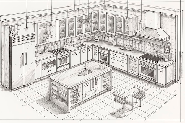 Photo a sketch of a kitchen with a stove and a table with a sign that says savoury.