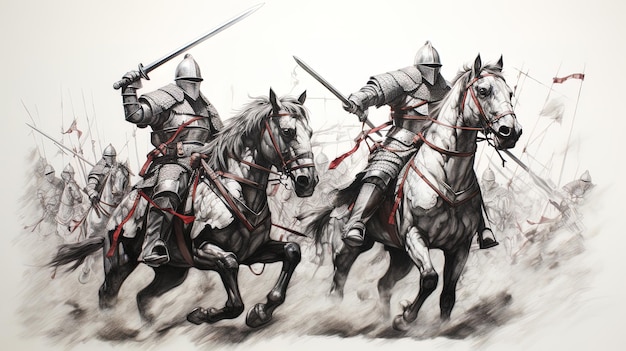 A sketch of knights in armor with a sword and swords.