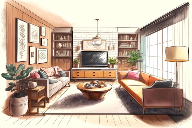 A sketch of a living room with a couch and a tv.